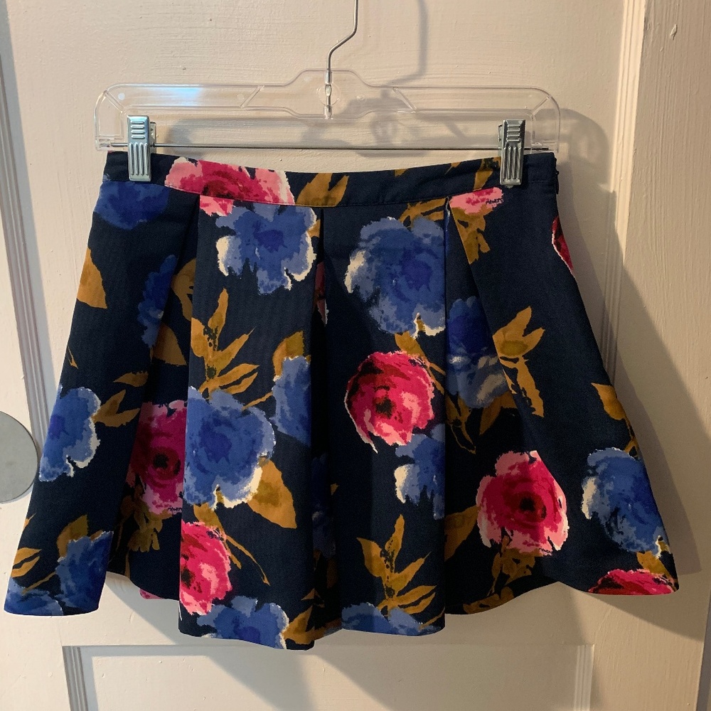 Navy Blue Pleated Floral Skirt